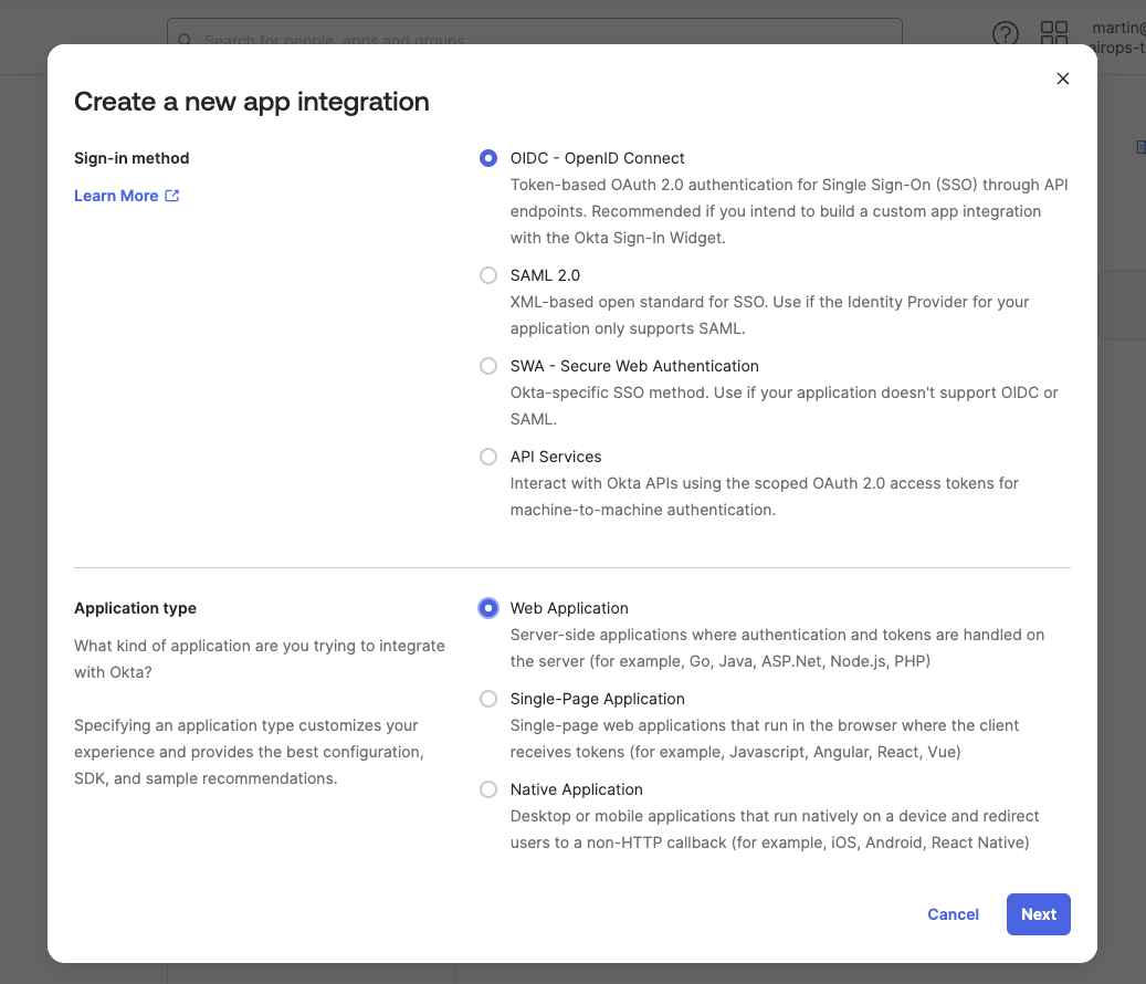 Select Web Application as the Okta application type