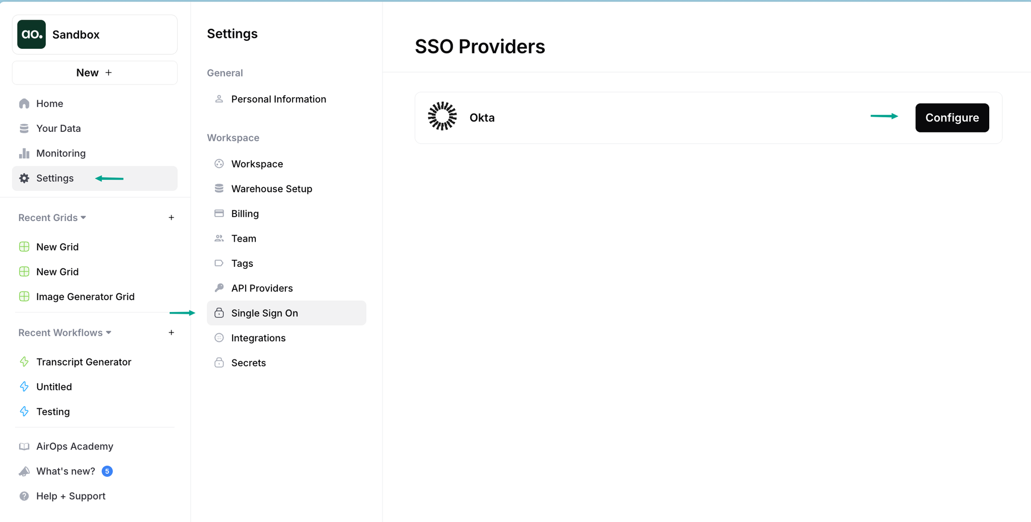 Open Single Sign On settings in AirOps